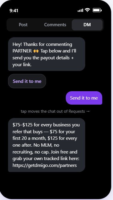 Real screenshot of the DMigo automation's DM preview, showing the actual opening message and payout details a commenter receives.